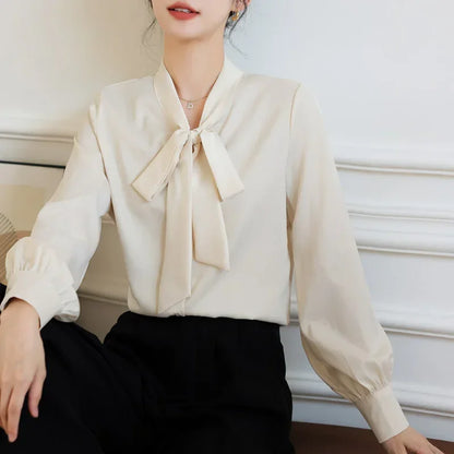 Bow Champagne Satin Long Sleeve Office Lady Blouse