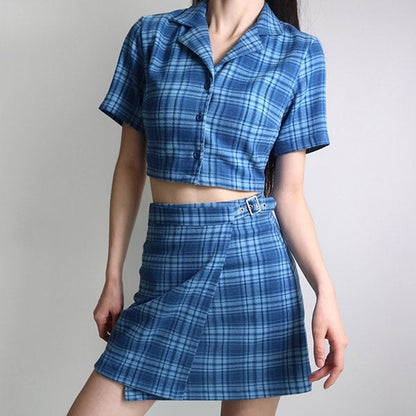 Buckle Waist Plaid Wrap A Line Mini Skirt