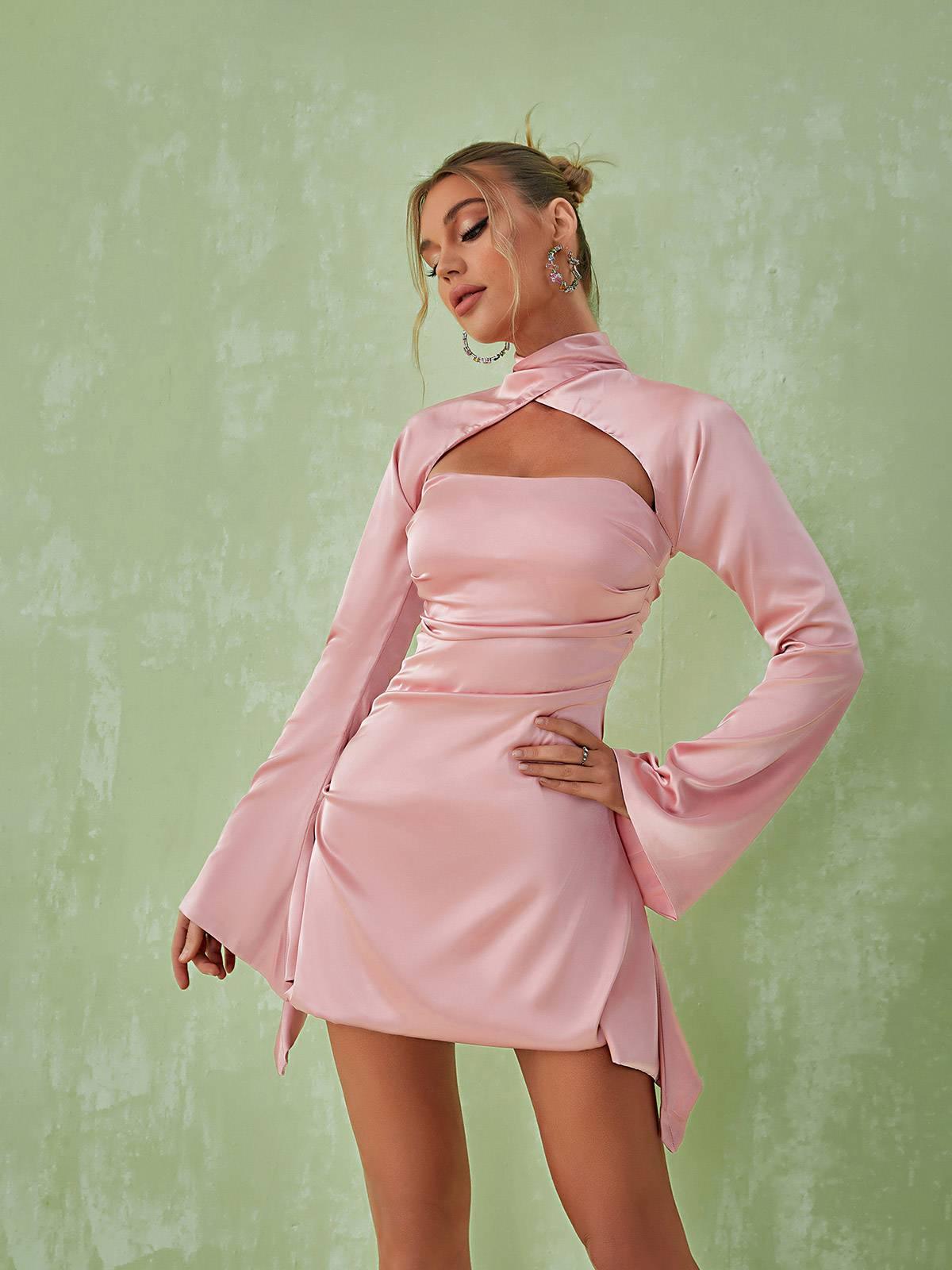 Mock Neck Cutout Bell Sleeve Ruched Mini Dress