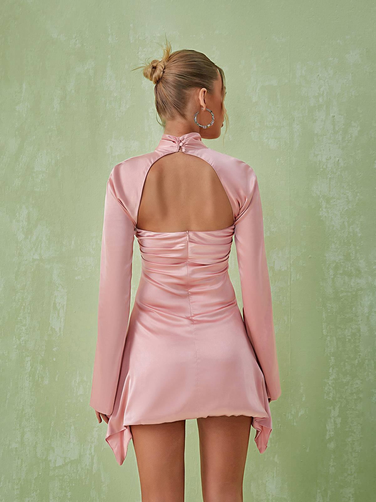 Mock Neck Cutout Bell Sleeve Ruched Mini Dress