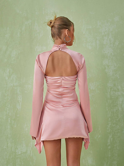 Mock Neck Cutout Bell Sleeve Ruched Mini Dress