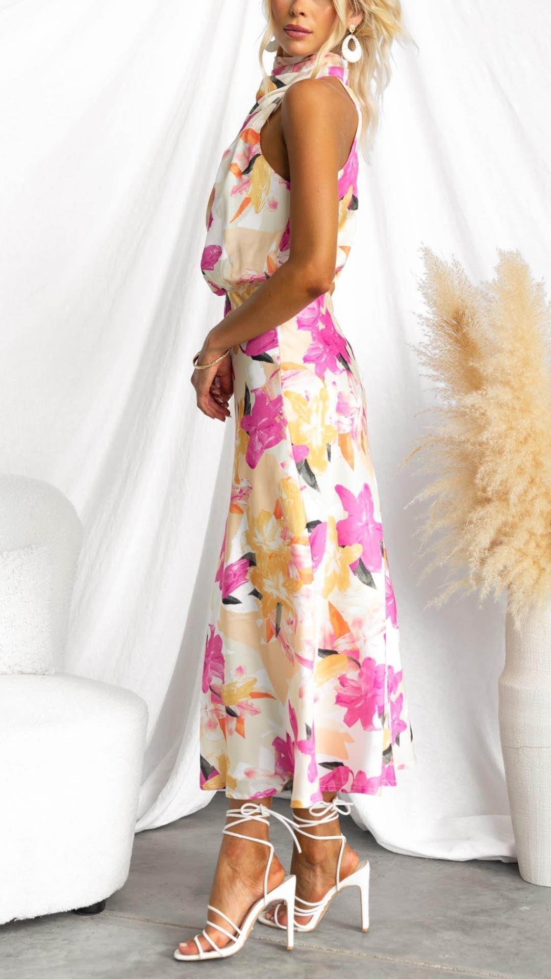 Halter High Neck Waist Cutout Tropical Floral Satin Maxi Gown