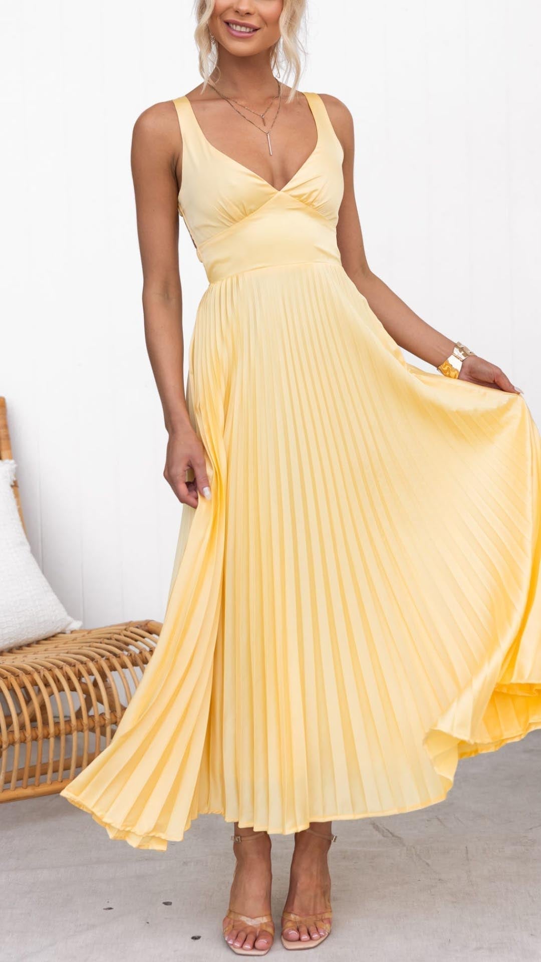 V-Neck Ruched Bodice Accordion Pleated Waist Maxi Dress