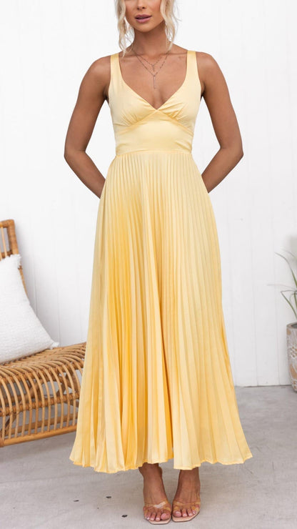 V-Neck Ruched Bodice Accordion Pleated Waist Maxi Dress