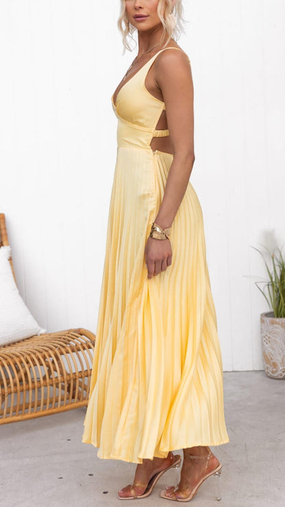 V-Neck Ruched Bodice Accordion Pleated Waist Maxi Dress