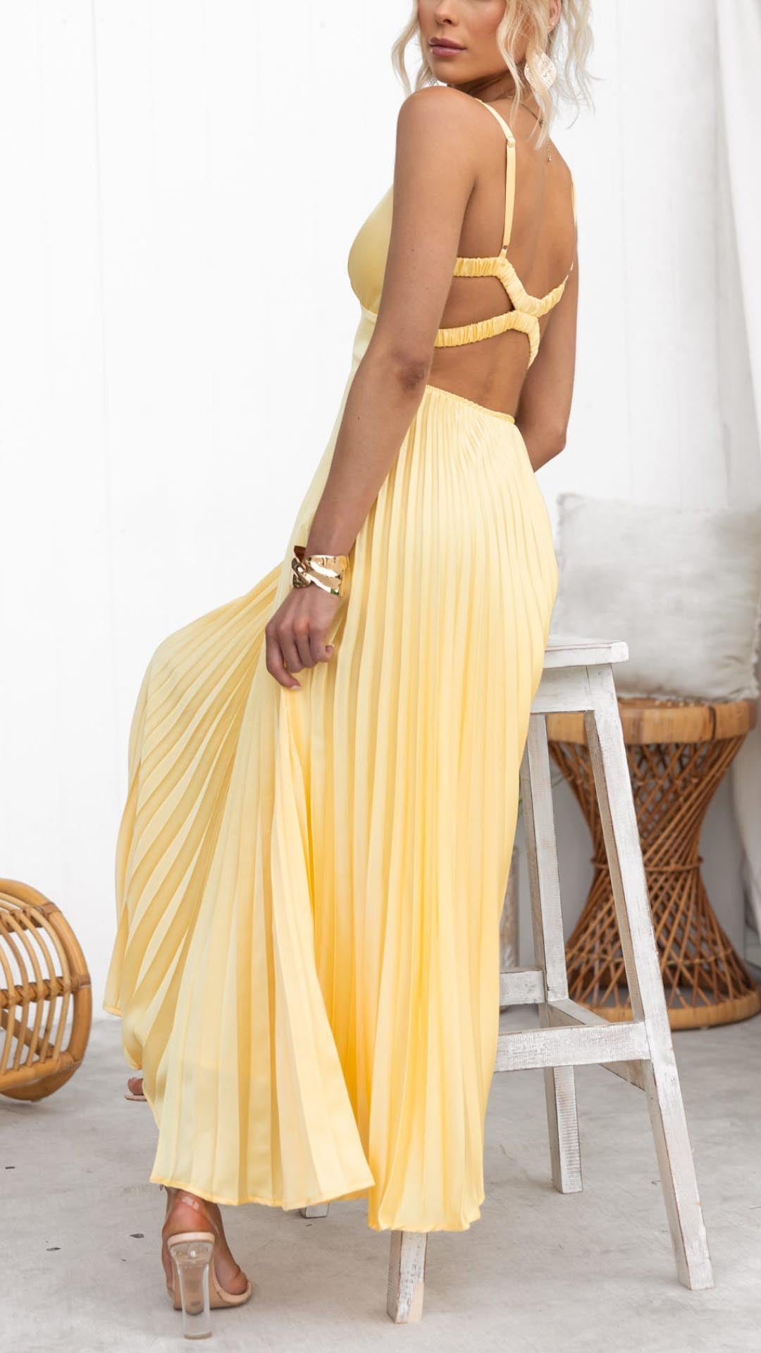 V-Neck Ruched Bodice Accordion Pleated Waist Maxi Dress
