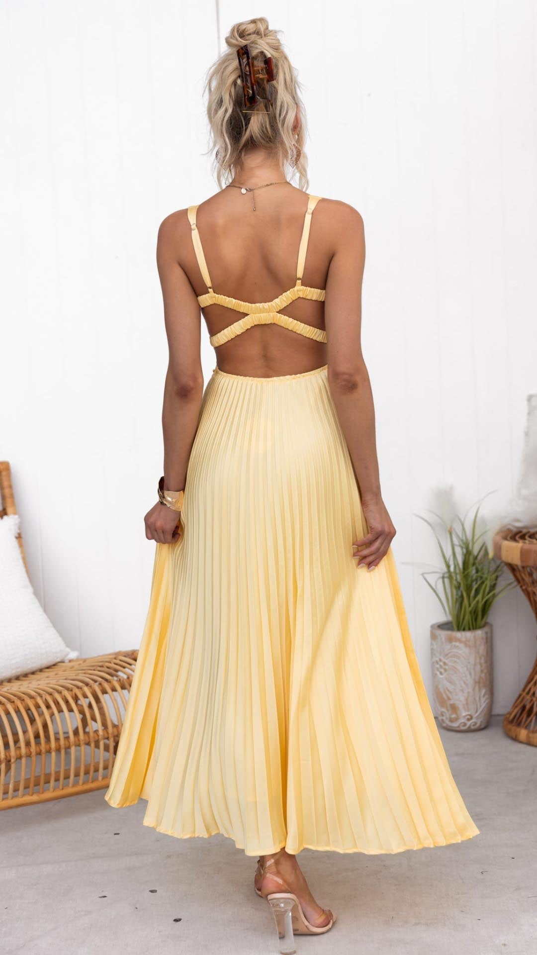 V-Neck Ruched Bodice Accordion Pleated Waist Maxi Dress