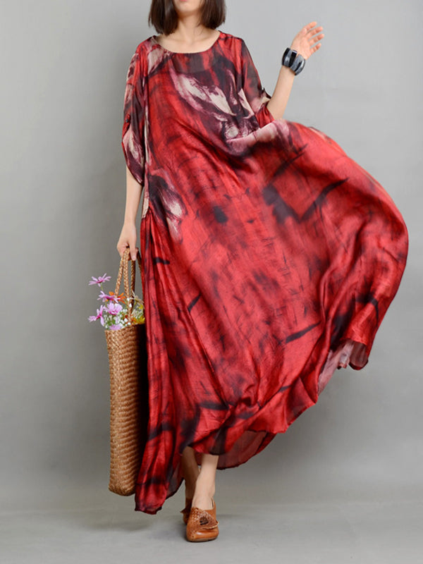 Scoop Neck Batwing Sleeve Abstract Brushstroke Kaftan Maxi Dress
