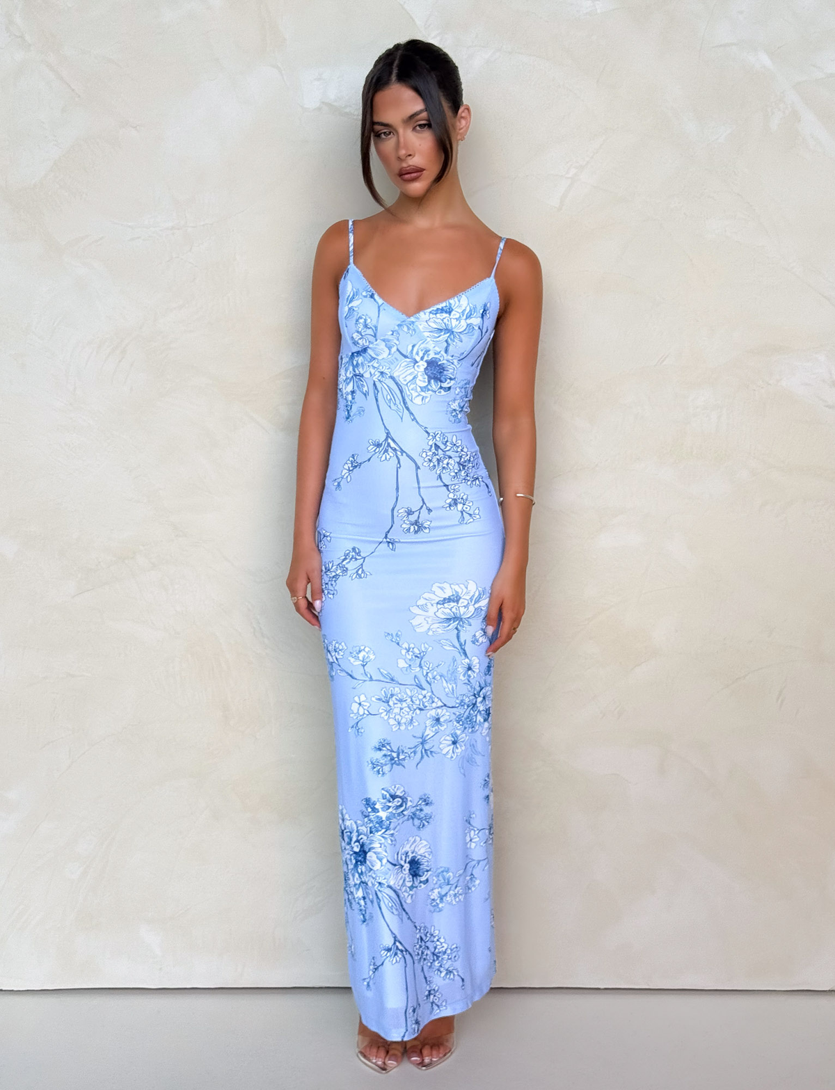 Spaghetti Strap Chinoiserie Floral Print Bodycon Maxi Dress