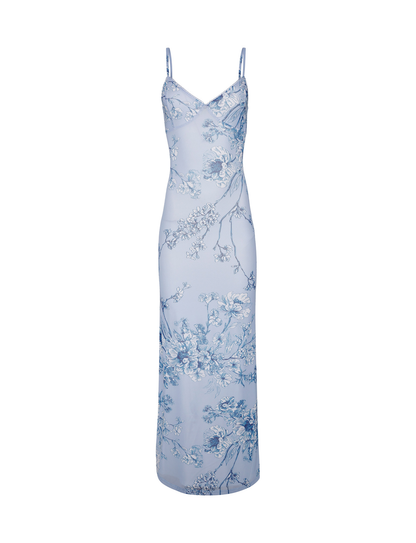Spaghetti Strap Chinoiserie Floral Print Bodycon Maxi Dress