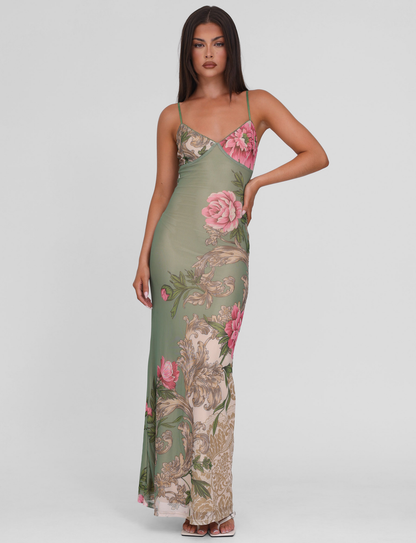 Spaghetti Strap Floral Baroque Print Lace Trim Column Maxi Dress