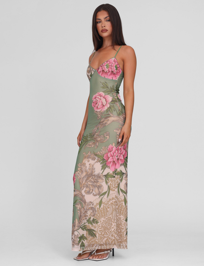 Spaghetti Strap Floral Baroque Print Lace Trim Column Maxi Dress