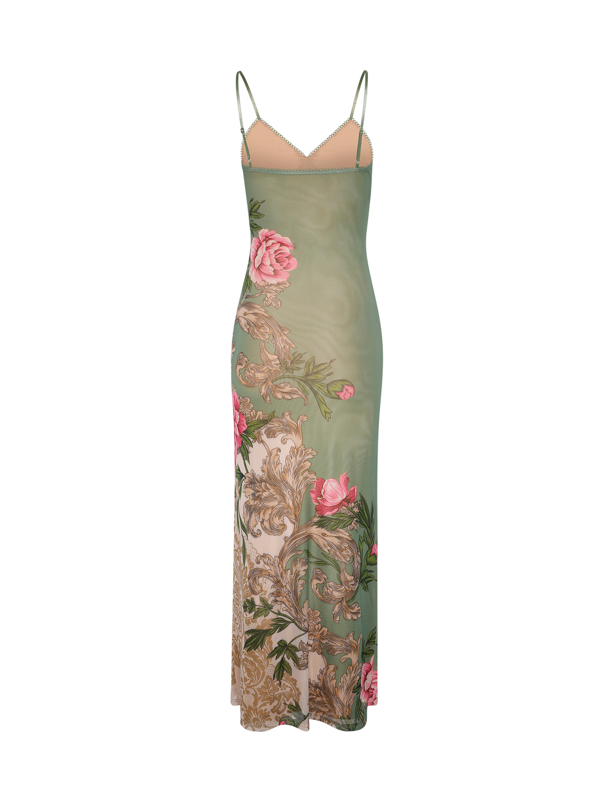 Spaghetti Strap Floral Baroque Print Lace Trim Column Maxi Dress