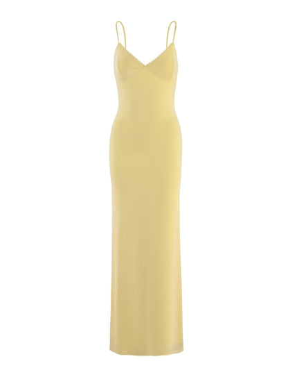Deep V-Neck Spaghetti Strap Lace Trim Slip Column Maxi Dress