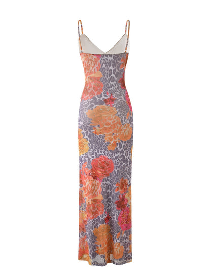 Spaghetti Strap Floral Layered Print Slip Maxi Dress