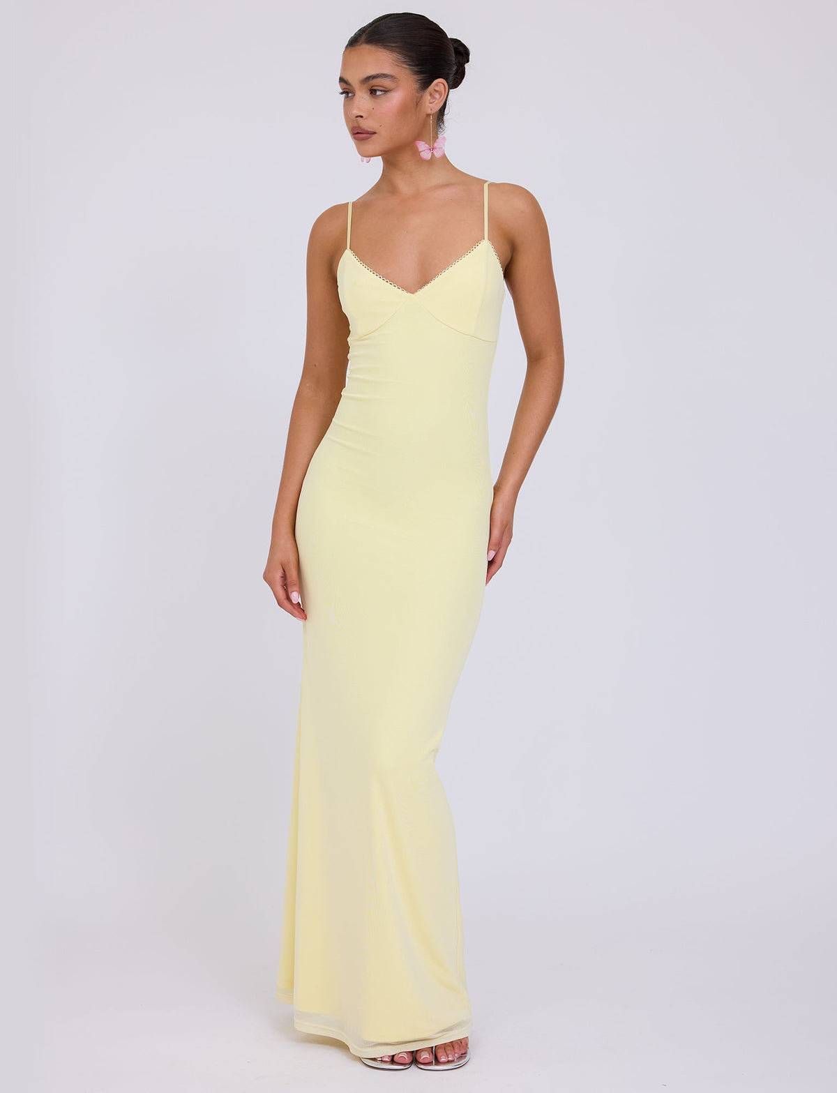 Deep V-Neck Spaghetti Strap Lace Trim Slip Column Maxi Dress