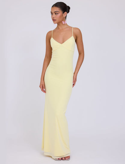 Deep V-Neck Spaghetti Strap Lace Trim Slip Column Maxi Dress