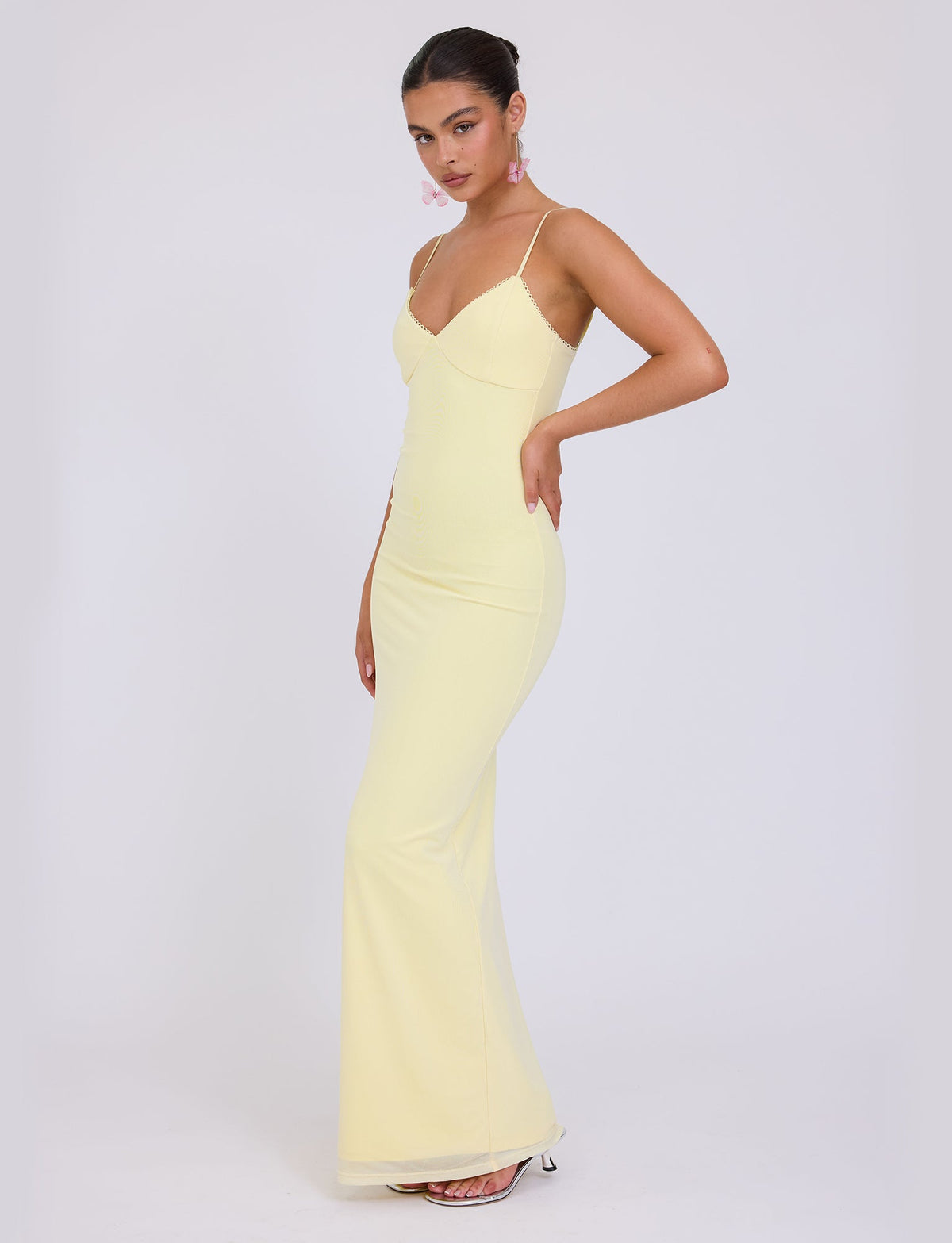 Deep V-Neck Spaghetti Strap Lace Trim Slip Column Maxi Dress