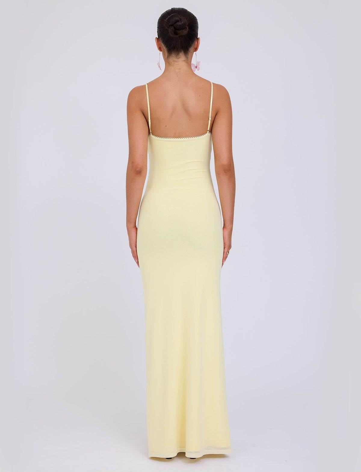 Deep V-Neck Spaghetti Strap Lace Trim Slip Column Maxi Dress