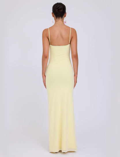 Deep V-Neck Spaghetti Strap Lace Trim Slip Column Maxi Dress