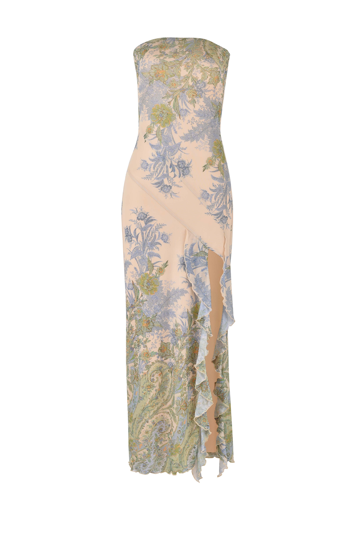Strapless Floral Toile Print Thigh Slit Lettuce Hem Midi Dress