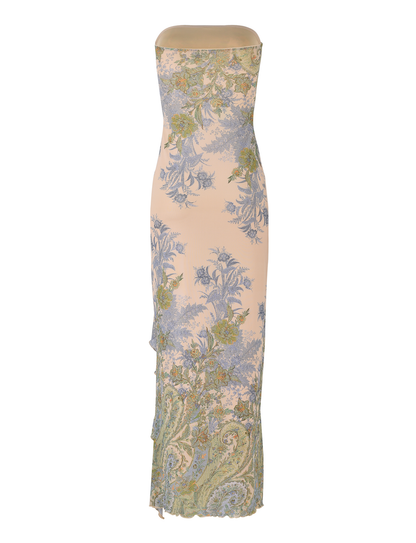 Strapless Floral Toile Print Thigh Slit Lettuce Hem Midi Dress