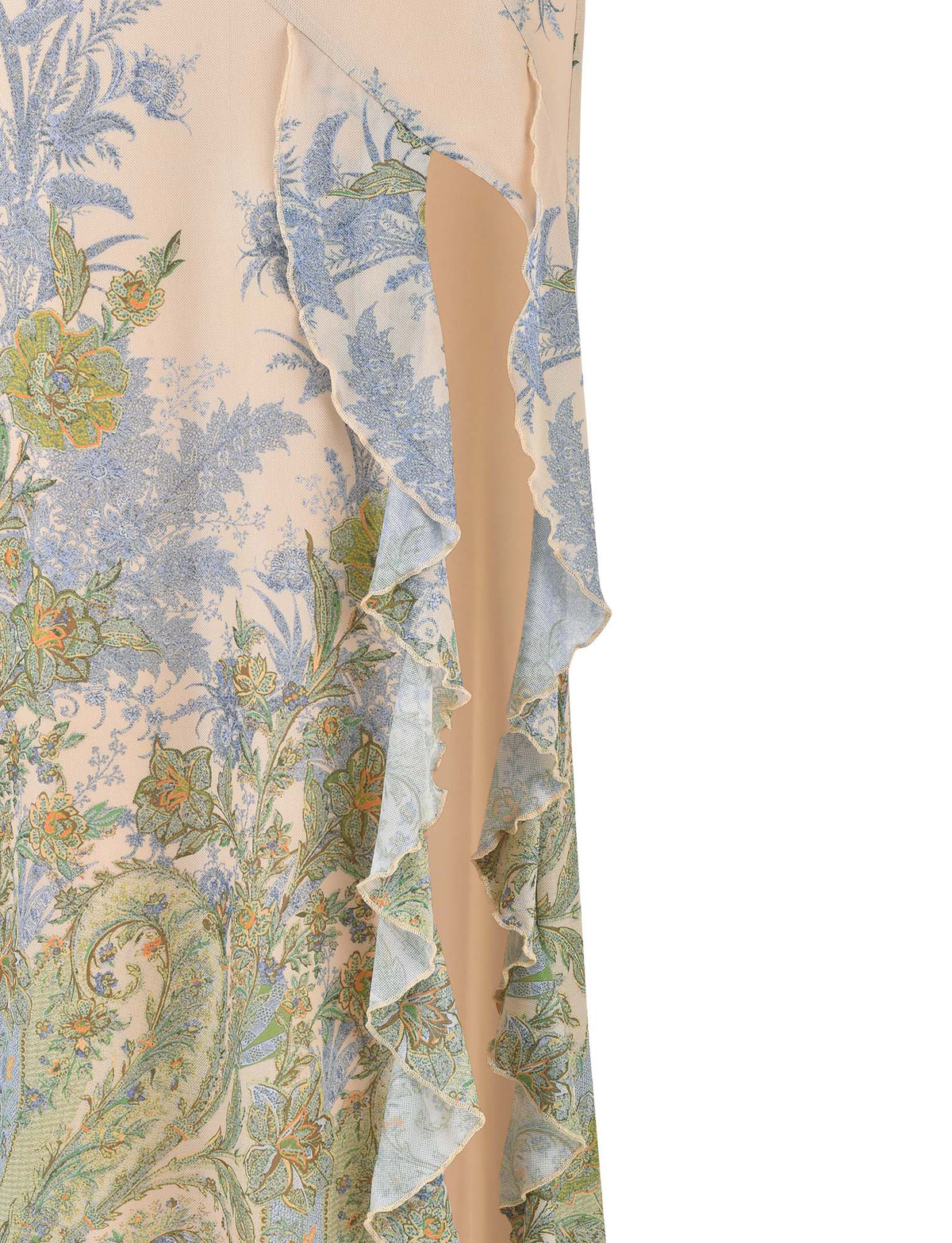 Strapless Floral Toile Print Thigh Slit Lettuce Hem Midi Dress