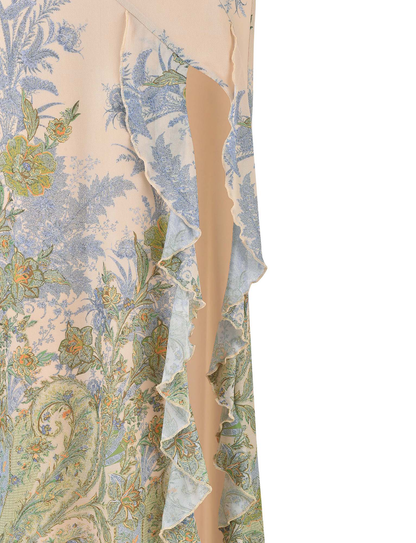 Strapless Floral Toile Print Thigh Slit Lettuce Hem Midi Dress