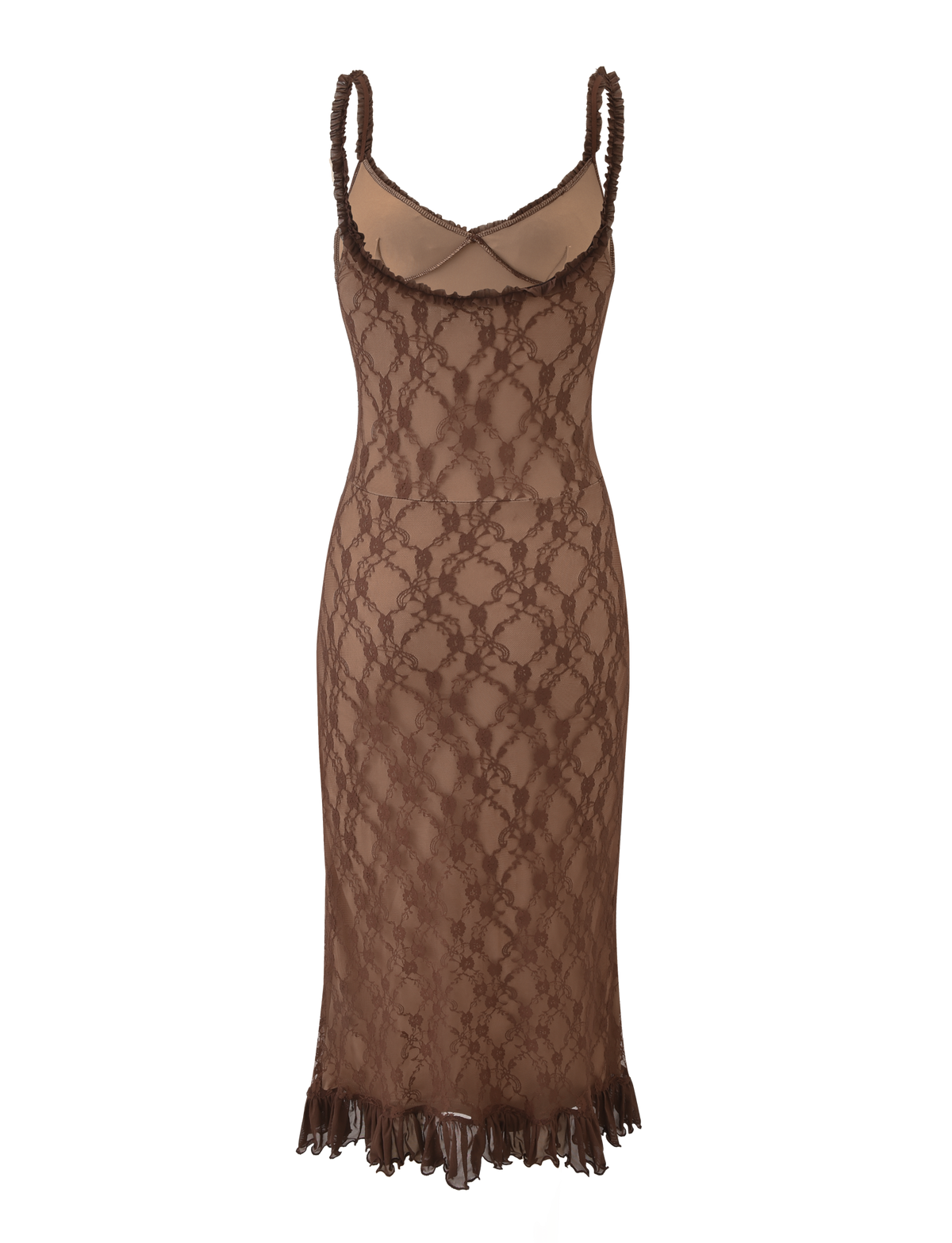 Floral Lace Scoop Neck Bow Front Ruffled Hem Layered Slip Midi Dress
