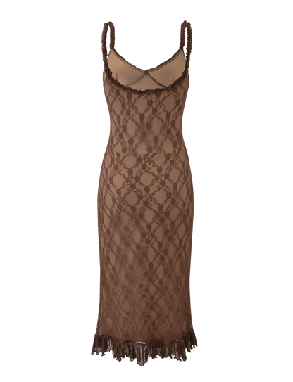 Floral Lace Scoop Neck Bow Front Ruffled Hem Layered Slip Midi Dress