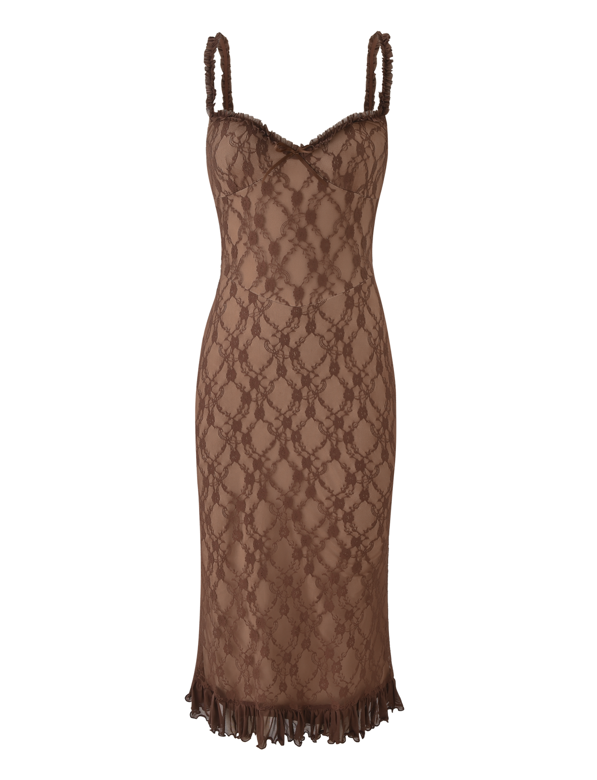 Floral Lace Scoop Neck Bow Front Ruffled Hem Layered Slip Midi Dress