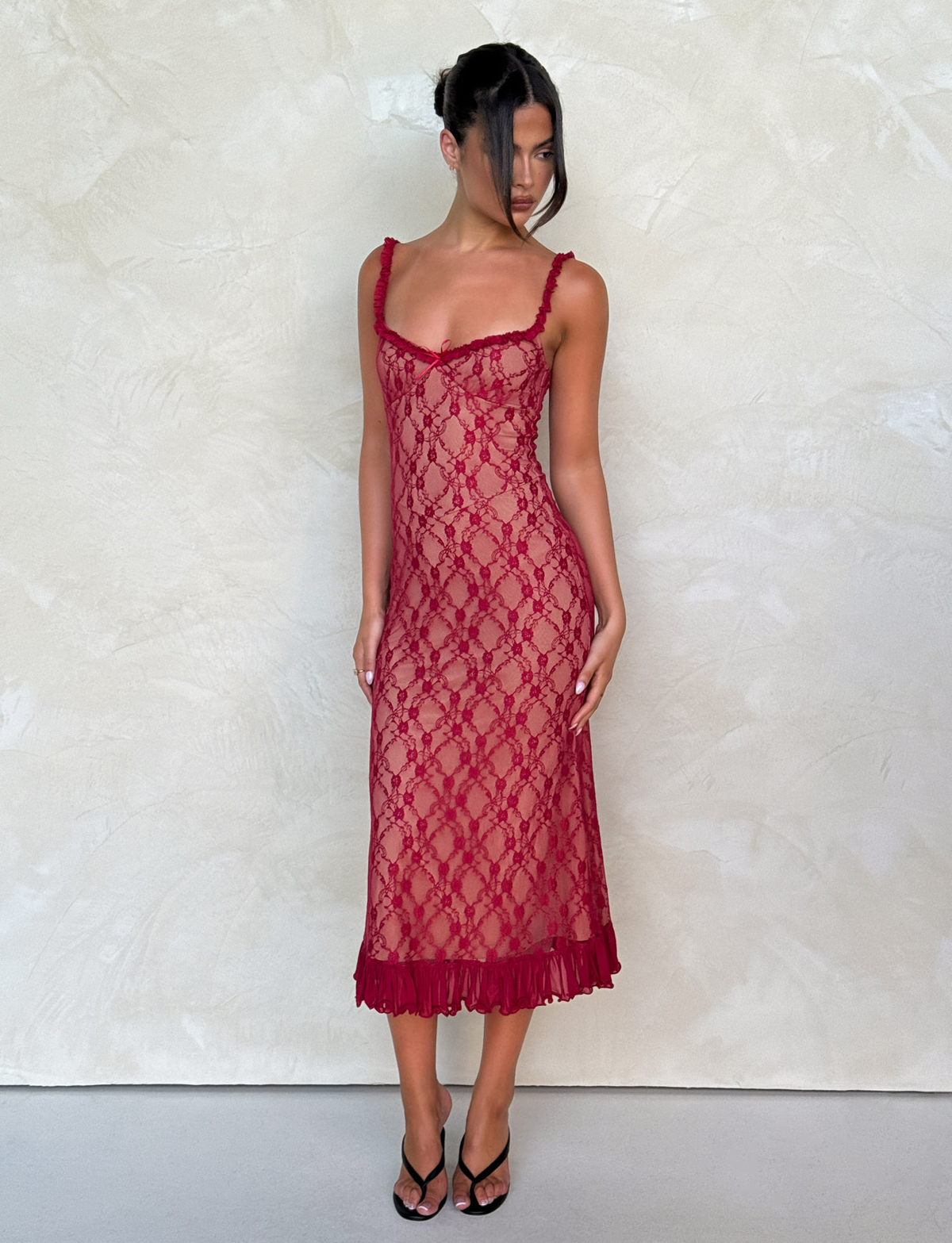 Scoop Neck Ruffle Trim Lace Bow Detail Pleated Ruffle Hem Midi Dress