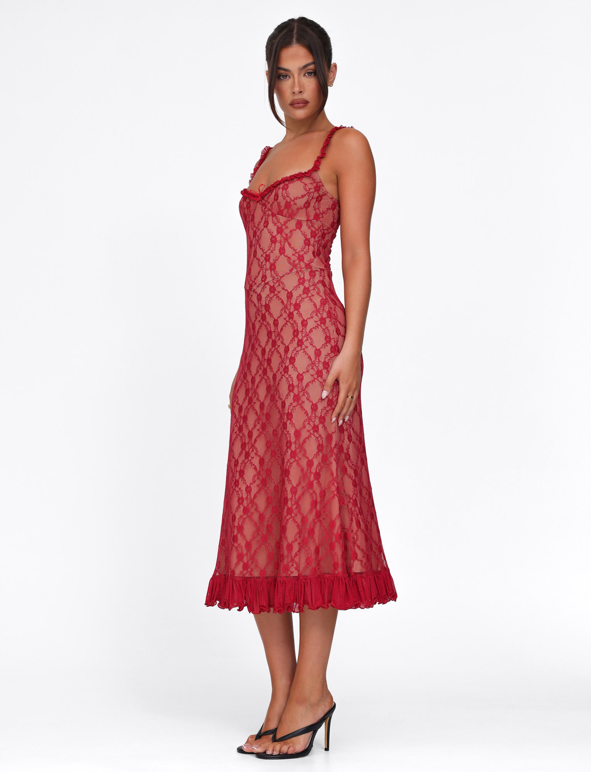 Scoop Neck Ruffle Trim Lace Bow Detail Pleated Ruffle Hem Midi Dress