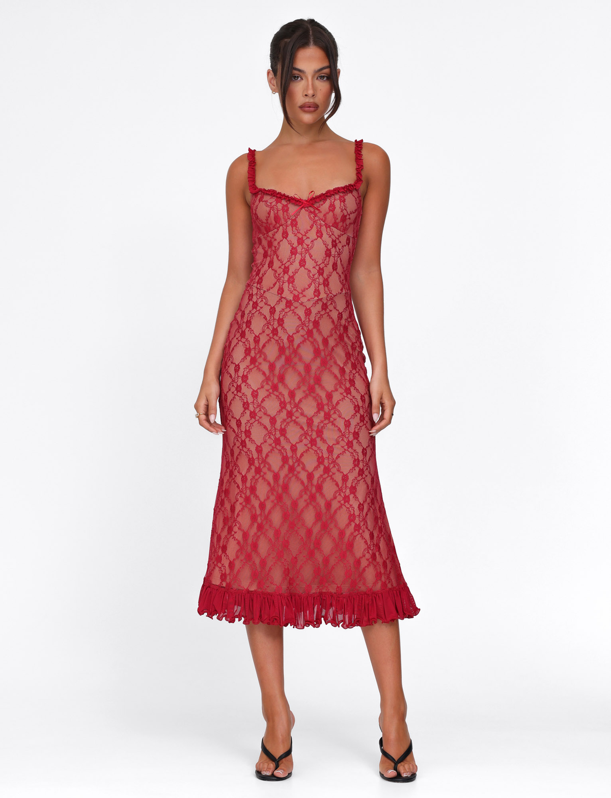Scoop Neck Ruffle Trim Lace Bow Detail Pleated Ruffle Hem Midi Dress