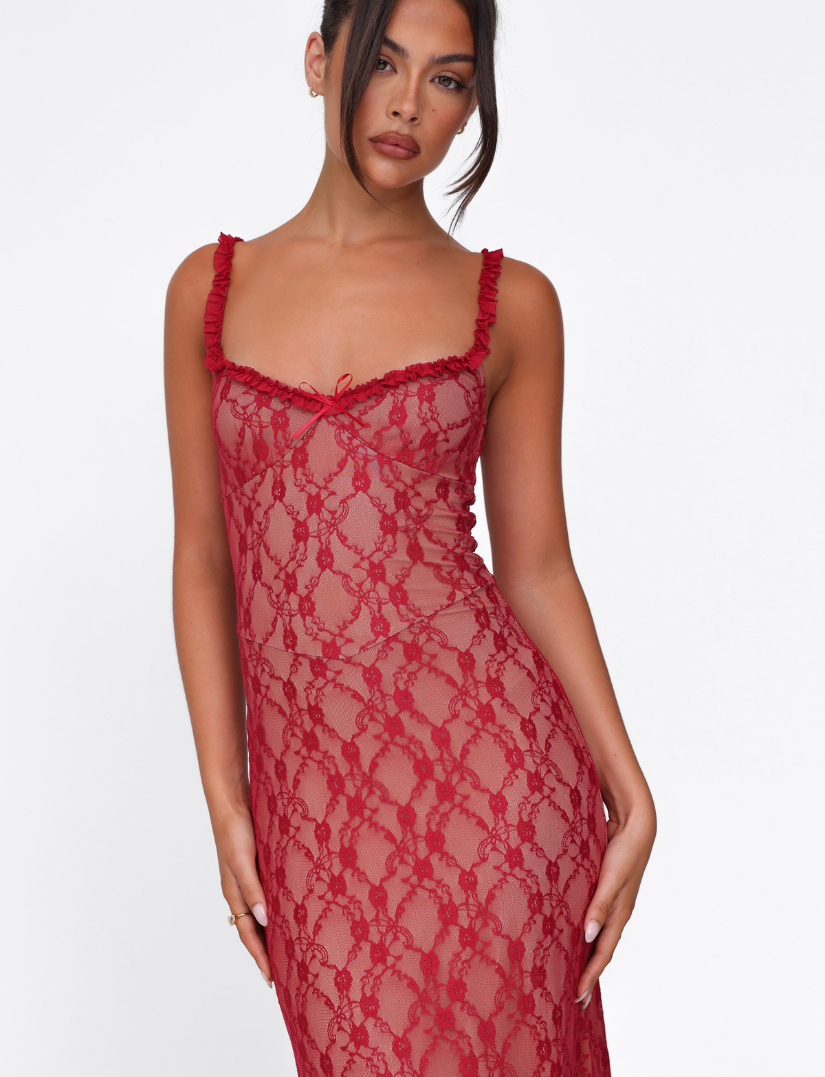 Scoop Neck Ruffle Trim Lace Bow Detail Pleated Ruffle Hem Midi Dress