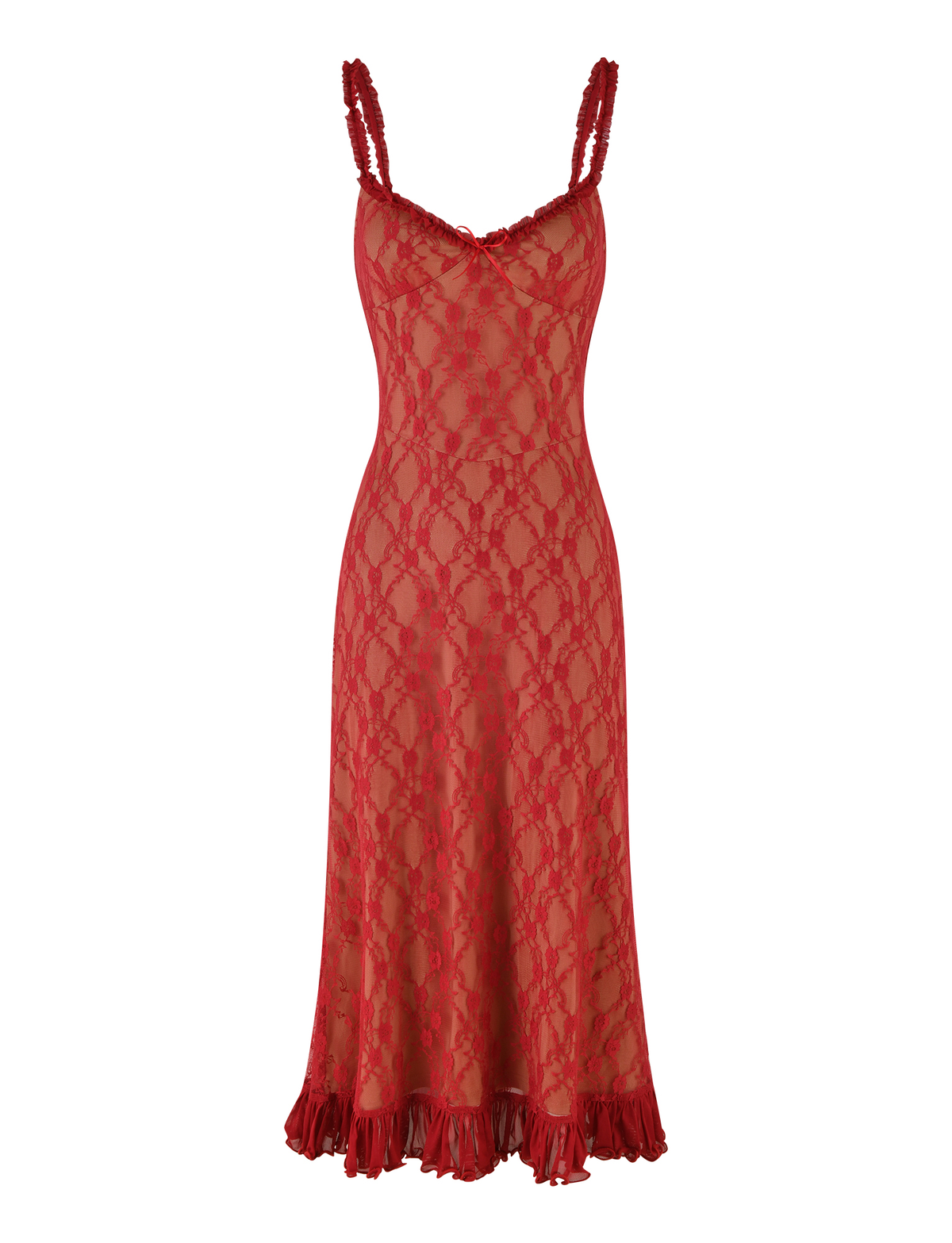 Scoop Neck Ruffle Trim Lace Bow Detail Pleated Ruffle Hem Midi Dress