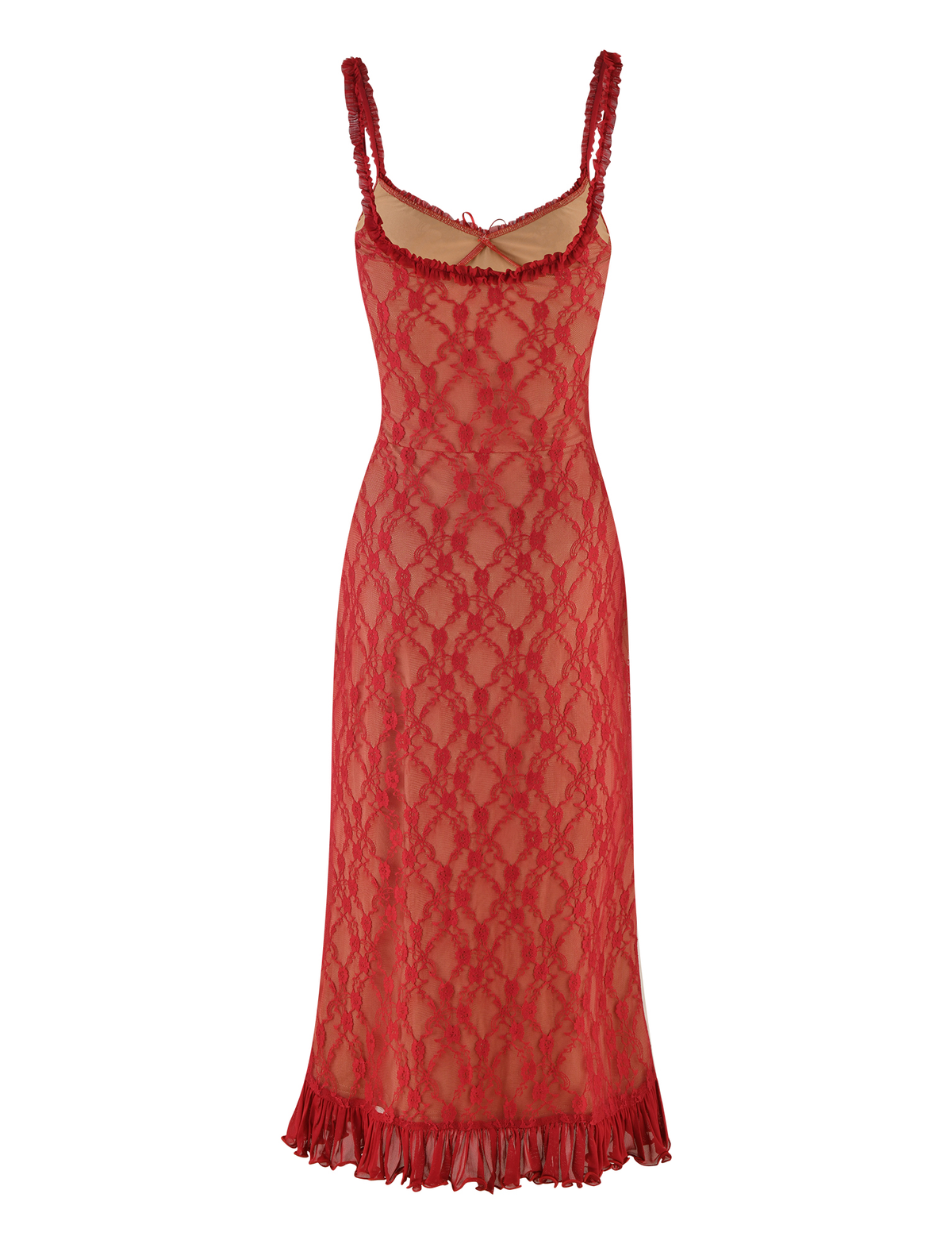 Scoop Neck Ruffle Trim Lace Bow Detail Pleated Ruffle Hem Midi Dress