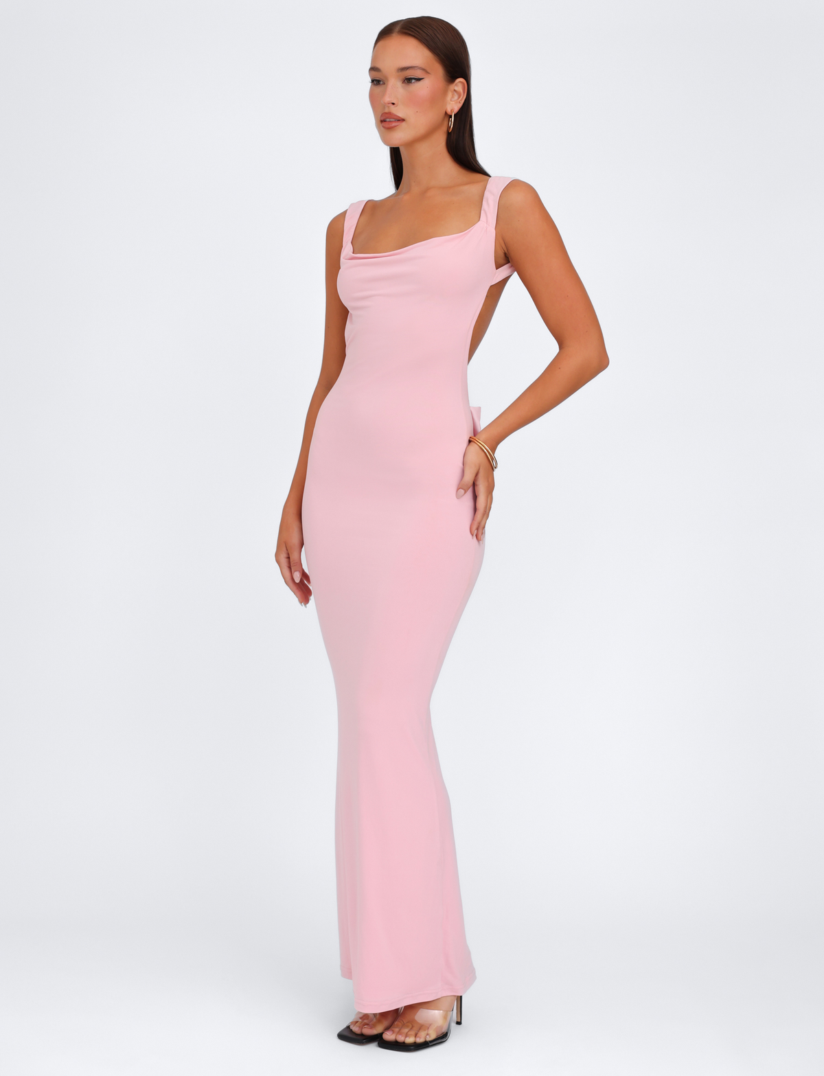 Wide Strap Square Back Satin Bow Detail Bodycon Maxi Gown