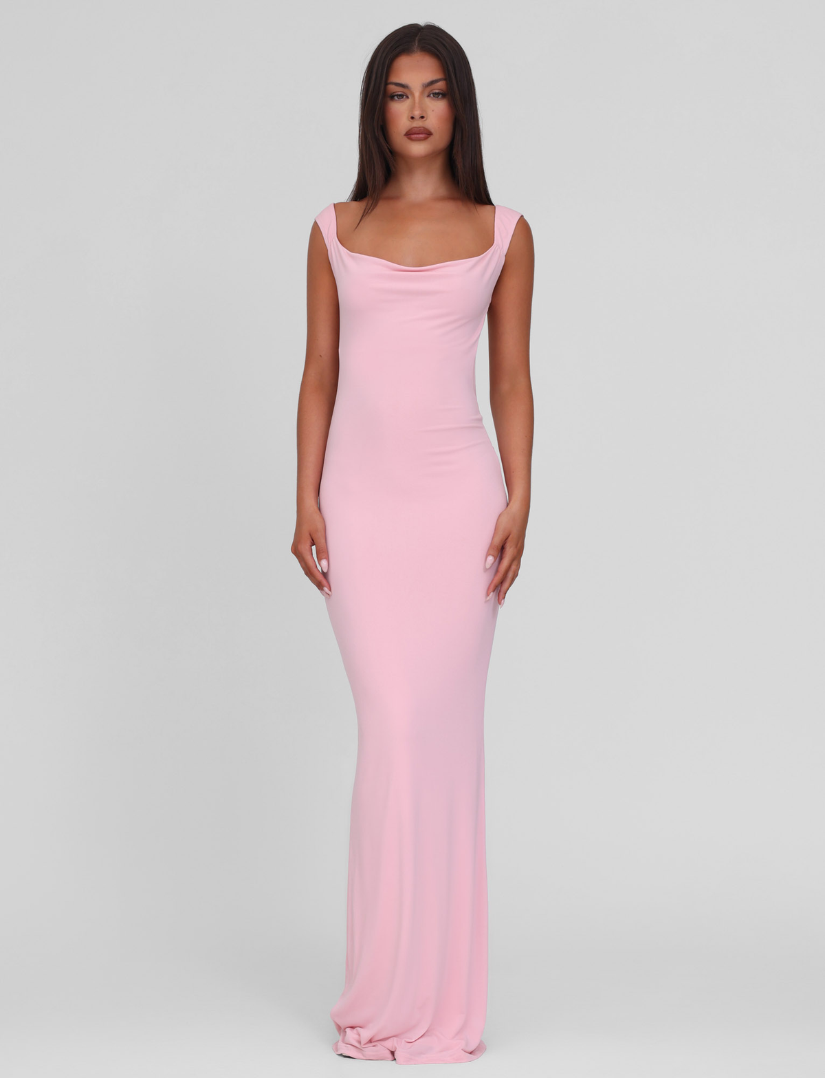 Wide Strap Square Back Satin Bow Detail Bodycon Maxi Gown