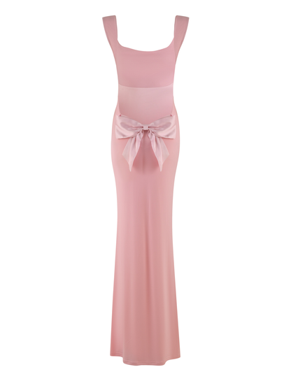 Wide Strap Square Back Satin Bow Detail Bodycon Maxi Gown