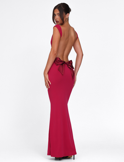 Wide Strap Open Back Contrast Bow Mermaid Maxi Gown