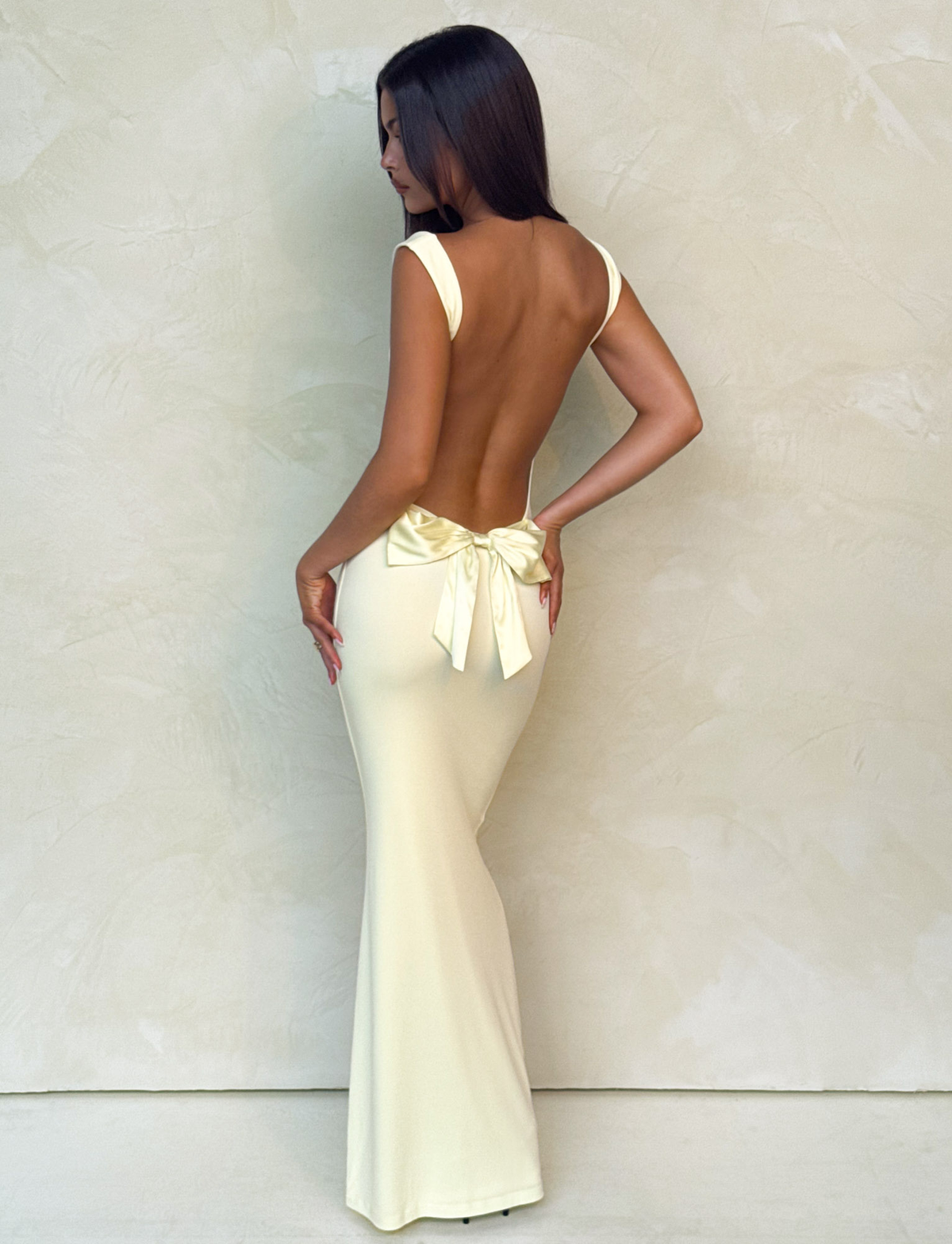 Wide Strap Low Open Back Bow Detail Bodycon Maxi Dress
