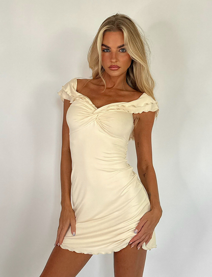 Knot Front Ruffle Sleeve Lettuce Hem Off Shoulder Mini Dress