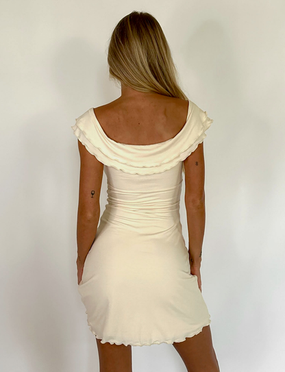 Knot Front Ruffle Sleeve Lettuce Hem Off Shoulder Mini Dress