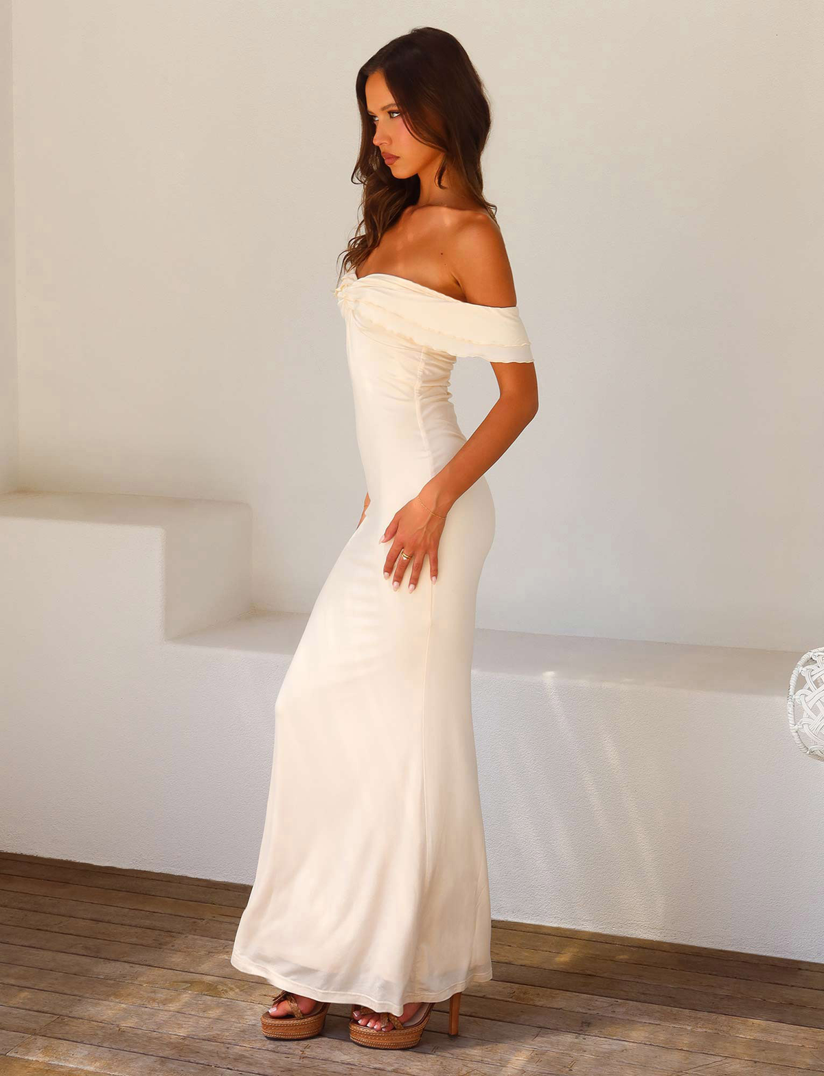 Off Shoulder Ruffle Trim Twist Front Bodycon Maxi Dress