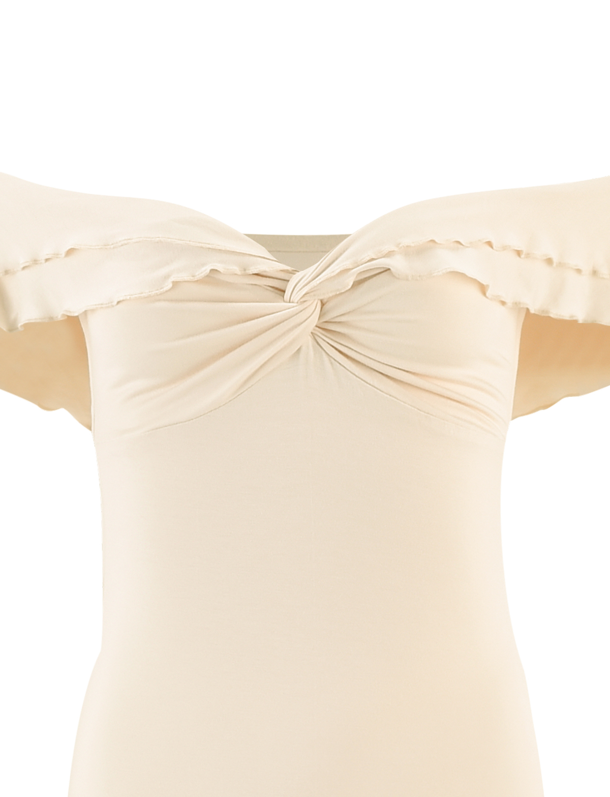 Off Shoulder Ruffle Trim Twist Front Bodycon Maxi Dress