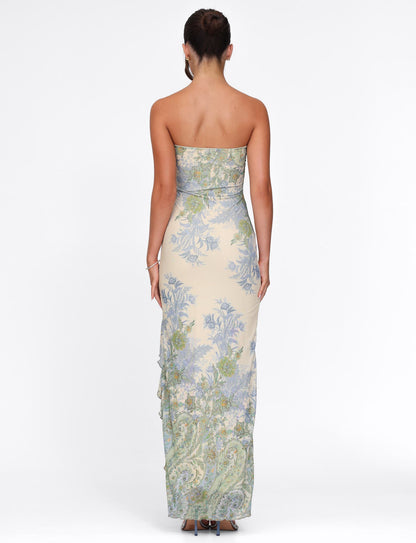 Strapless Floral Paisley Ruffle Slit Maxi Dress