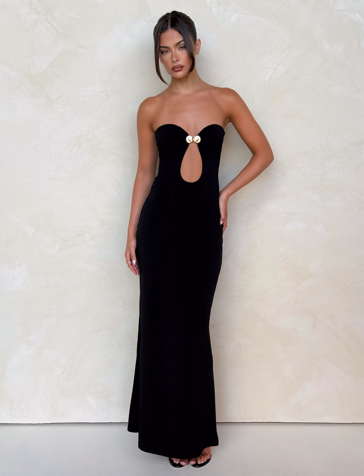 Strapless Teardrop Cutout Metal Disc Hardware Column Maxi Dress