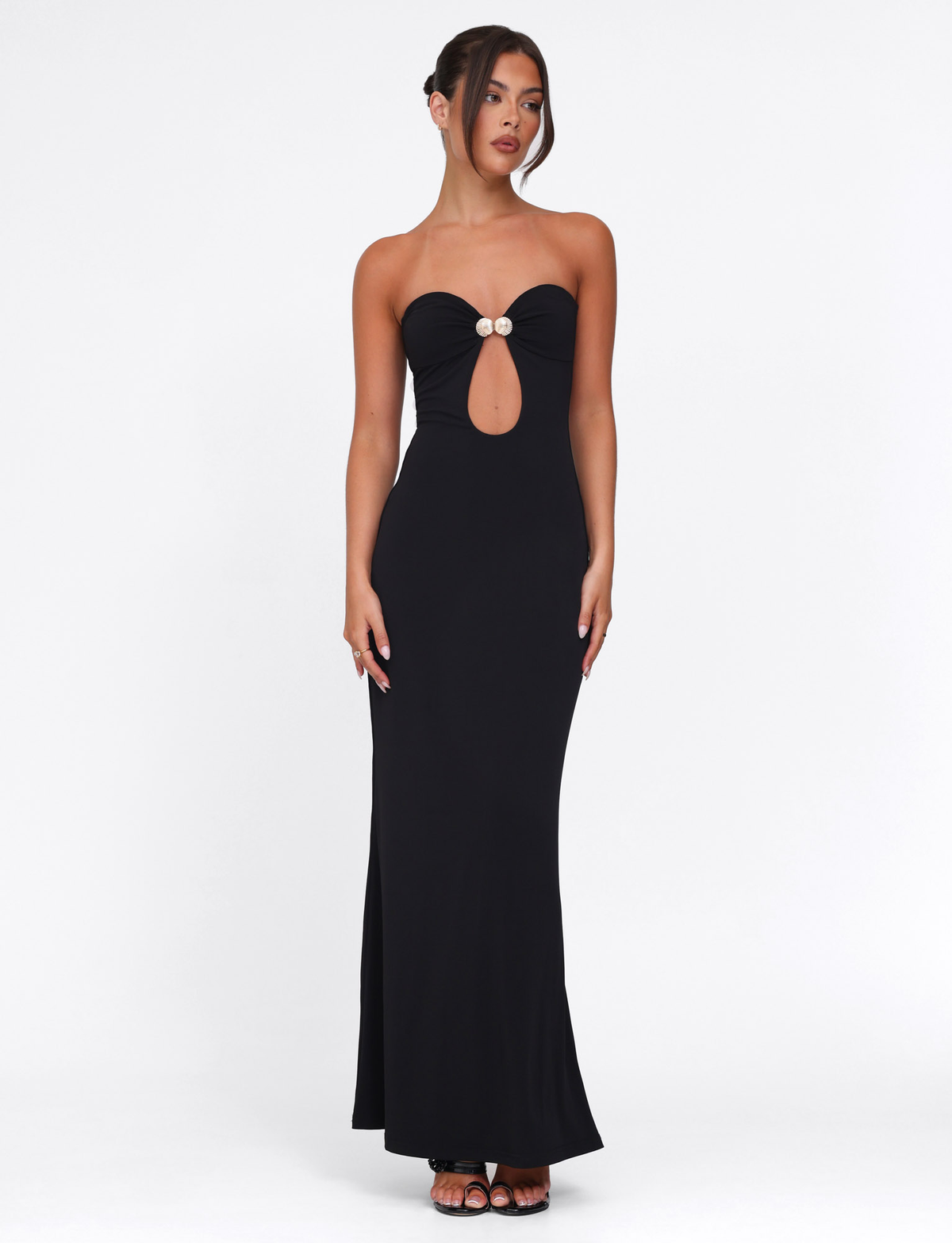 Strapless Teardrop Cutout Metal Disc Hardware Column Maxi Dress