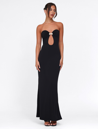 Strapless Teardrop Cutout Metal Disc Hardware Column Maxi Dress